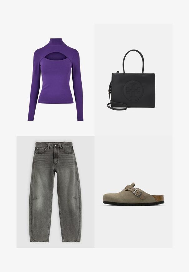 Violetti pitkähihainen paita, jossa on korkea kaulus ja leikkauskaulus alla. Valmistettu pehmeästä, joustavasta materiaalista, jolla on sileä pinta.; Harmaat farkut, joissa on löysä istuvuus, klassinen viisi-taskuinen muotoilu, napitettu etumus ja kulunut yksityiskohta reisissä.; Korkkipohjaiset mokkanahkaiset klossit vaaleassa oliivinvihreässä. Varustettu metallisoljella ja pyöristetyllä varpaalla.; Musta käsilaukku, joka on tehty sileästä materiaalista, jossa on kaksi kahvaa, irrotettava olkahihna ja pyöreä kohokuvioitu logo yksityiskohta edessä.