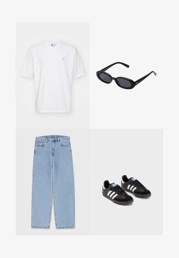 Valge puuvillane t-särk, millel on ümardatud kaelus ja lühikesed varrukad. Tähelepanuväärsed detailid on väike roosa ja roheline logo vasakul rinnal.; Heled sinise denimi sirgete põlvede lõikega teksad, millel on keskmise kõrgusega vöökoht, viis taskut ning nööbid ja tõmblukk.; Mustad tossud, mille pealseks on seemisnahk ja sünteetilised materjalid, kolme valge triibuga, tekstureeritud kummitald ja sinine logo silt keele peal.; Mustad mustad prillid ovaalsete läätsedega, sujuvast plastmassraamist ja kuldsete aktsentidega tempel. Tumedaid läätsi, mis pakuvad päikese kaitset.