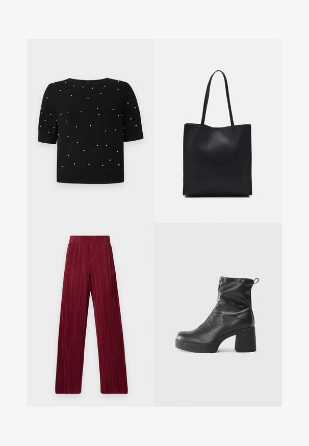 Crna kratka majica s kratkim rukavima, koja ima okrugli izrez i nasumične bijele perle raspoređene po prednjoj strani. Pleteni materijal s glatkom teksturom.; Bordo plisirane hlače širokih nogavica s elastičnom gumom. Teksturirana tkanina sadrži vertikalne pruge. Ravan kroj do rubova.; Crne gležnjače od glatke kože, s bočnim zatvaračem, debelim teksturiranim potplatom i dizajnom s zaobljenim prstima.; Crna kožna torba za nošenje s glatkom teksturom, pravokutnim oblikom i dvije duge ručke. Nema vidljivih metalnih dijelova ili ukrasa.