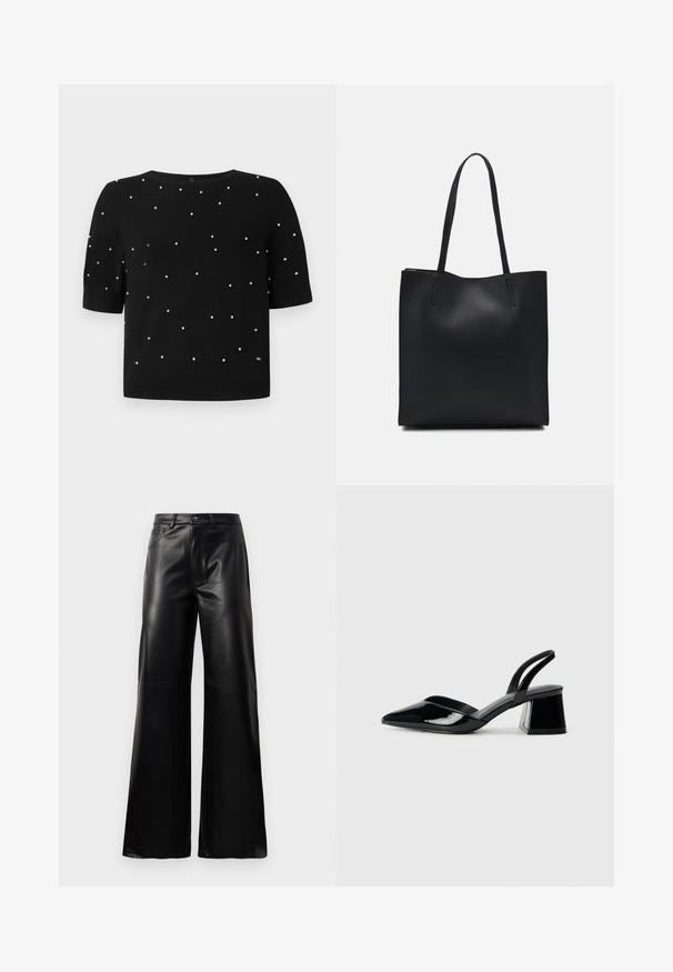 Black short-sleeve sweater featuring a round neckline and scattered white bead accents throughout the front. Knit fabric with a smooth texture.; Black high-waist wide-leg faux leather pants with front button, zip closure, belt loops, and side pockets on white background.; Black patent leather slingback heels with a pointed toe and a geometric block heel. Features a sleek, minimal design and smooth texture.; Black leather tote bag with smooth texture, rectangular shape, and two long handles. No visible hardware or embellishments.