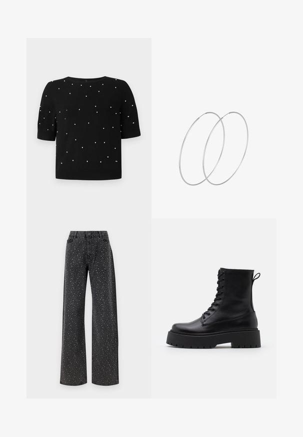 Schwarzer Kurzarmpullover mit runder Ausschnittlinie und verstreuten weißen Perlendetails auf der Vorderseite. Strickstoff mit glatter Textur.; Noisy May NMJANNEL LOOSE - Jeans Relaxed Fit - black denim; Schwarze Lederstiefeletten mit runder Zehenpartie, Schnürung vorne und einer dicken Gummisohle mit strukturiertem Profil. Mit Zugschlaufe an der Rückseite.; Silberne Creolen mit minimalistischem Design. Rundform, glatte Oberfläche und dünnes Profil. Leichtgewichtig mit hochglänzender Oberfläche.