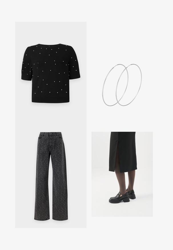 Črn pulover s kratkimi rokavi z okrog lim flekom in razpršenimi belimi bisernimi detajli spredaj. Pletenina z gladko teksturo.; Noisy May NMJANNEL LOOSE - Široke kavbojke - black denim; Črne usnjene čevlje s zaobljenim prstom, debelim blokastim petama in elastičnimi stranskimi detajli, v kombinaciji s temno nogavicami in črno krilo z razporkom.; Srebrne uhane v obliki obroča z minimalističnim dizajnom. Krožna oblika, gladka tekstura in tanek profil. Lahki s poliranim zaključkom.