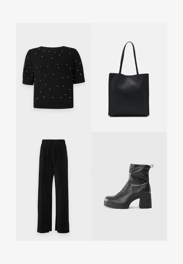 Maglione nero a maniche corte con scollatura rotonda e accenti di perline bianche sparsi sul davanti. Tessuto a maglia con una texture liscia.; Pantaloni neri a plissé con vita elasticizzata. Presentano gamba ampia e un tessuto liscio e texture con strisce verticali.; Stivali neri alla caviglia in pelle liscia, con zip laterale, tacco spesso e texture, e punta arrotondata.; Borsa tote in pelle nera con texture liscia, forma rettangolare e due manici lunghi. Nessun hardware o decorazione visibile.