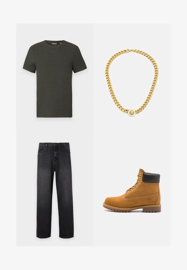 T-shirt à manches courtes vert foncé avec un col rond, fabriqué en tissu côtelé ; présente un design simple et minimaliste sans motifs.; Jeans en denim gris foncé avec un design à jambe droite, dotés d'une fermeture éclair, de cinq poches et de légères décolorations sur le tissu.; Bottine en daim beige avec un col rembourré noir, œillets en métal doré, détails de surpiqûres blanches et semelle en caoutchouc robuste avec des crampons prononcés.; Collier en chaîne dorée avec de grands maillons entrelacés, présentant un détail de pendentif circulaire au centre avec un emblème en relief.