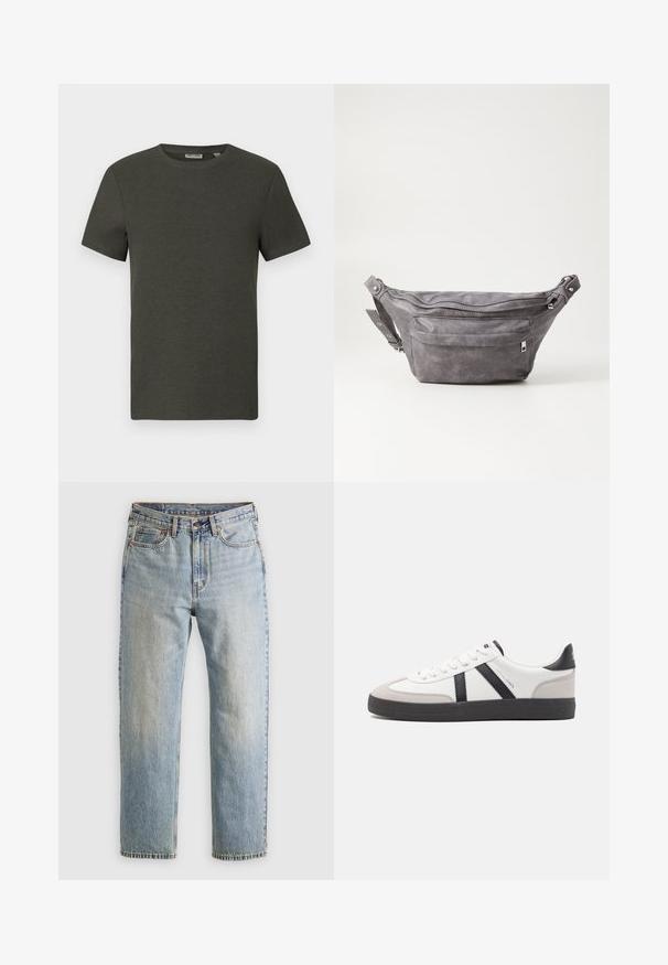 Dyp grønn kortermet t-skjorte med rund hals, laget av ribbestrikket materiale; har et enkelt, minimalistisk design uten mønstre.; Lys blå denim jeans med høy midje, frontknapp, glidelås og fem-lommers design, lagt flatt på en nøytral bakgrunn.; Hvite sneakers med svarte og grå detaljer, med en teksturert grå tåhette, svart gummisåle, og flate hvite lisser. Rent design, minimalistisk stil.; Grå semsket fanny pack med avrundet form, to glidelåslommer og justerbar stropp. Har metallbeslag som detaljer.