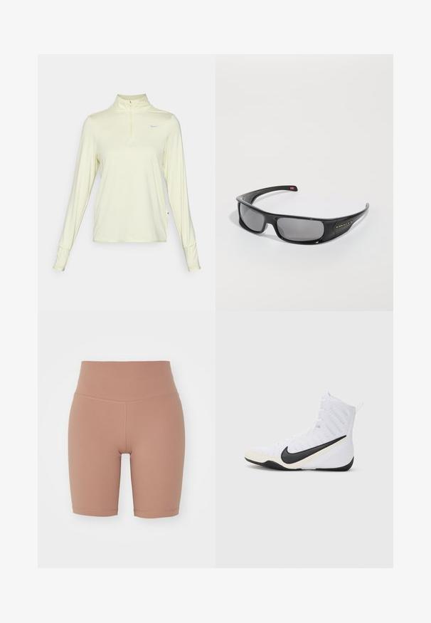 Nike Performance SWIFT - Bluză cu mânecă lungă - life lime/white/reflective silver; Bermude de ciclism cu talie înaltă, de culoare bej, din material elastic, cu o textură netedă și cusături curate pentru confort și potrivire.; Pantofii sport Nike de culoare albă, cu un logo Swoosh negru. Au un design de tip high-top, un superior texturat și o talpă exterioară din cauciuc durabil.; Ochelari de soare negri Oakley, cu lentile întunecate dreptunghiulare și brațe curbate, pe un fundal alb simplu.