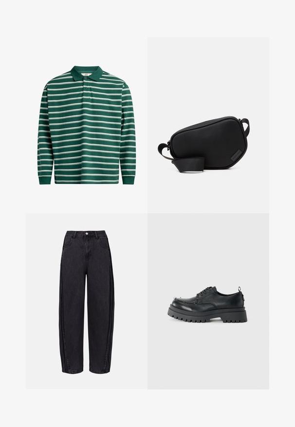 Tume rohelises toonis pikkade varrukatega polo särk, millel on valged horisontaalsed triibud. Särgil on klassikaline krae, kolme nupuga päevitus ja soonikkoes mansetid.; Mustad laiad teksapüksid, mis on valmistatud siledast denimist. Omavad kõrget taljejoont, esikotte ja nööpe kinnitamist talje ümber.; Must musta nahkkingad, paksu robustse tallaga ja metallist silmadega varvaste piirkonnas, pildistatud ühevärvilise heleda tausta ees.; Must plastikust valmistatud must rihmaga õlakott, millel on lame kuju ja väike logo aksent. Minimalistlik kujundus.