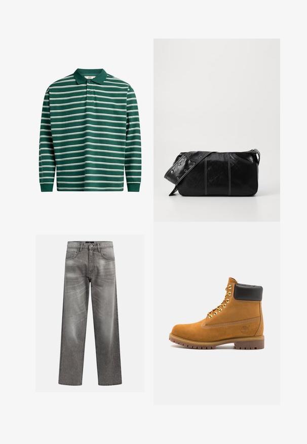 Langermet polo skjorte i mørkegrønn med hvite horisontale striper. Har klassisk krage, tre-knaps placket og ribbestrikkede mansjetter.; Grå denim jeans med løs passform, som har slitne og falmede detaljer, en klassisk fem-lommers design og en knappelukking.; Beige semskede ankelstøvel med svart polstret krage, gullmetalløyer, hvite sømdetaljer og robust gummisåle med påfallende mønster.; Svart lær skulderveske med glidelås, med teksturert overflate, hvite sømmer og en stropp med sølvringer.