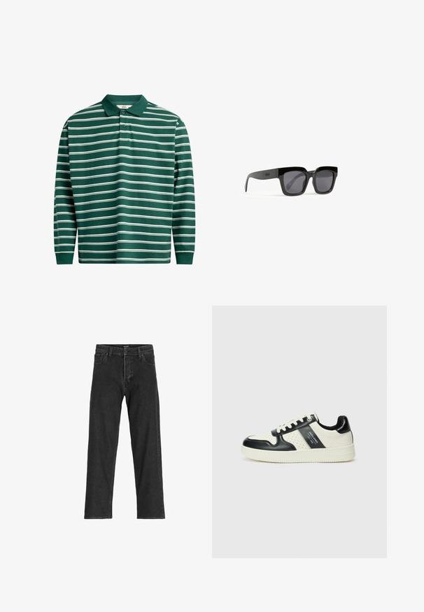 Párová košile s dlouhým rukávem v tmavě zelené barvě s bílými vodorovnými pruhy. Obsahuje klasický límec, zapínání na tři knoflíky a žebrované manžety.; Černé džíny s rovnými nohavicemi, s zipem na přední části, poutky na pásek a šesti kapsami, vyrobené z odolné bavlněné směsi.; Kožené tenisky s černobílou barevnou kombinací, které mají perforované detaily, polstrovaný límec a texturovanou podrážku.; Černé obdélníkové sluneční brýle s tmavými skly, silnými lesklými rámy a decentním logem na boku. Vhodné pro různé tvary obličeje.