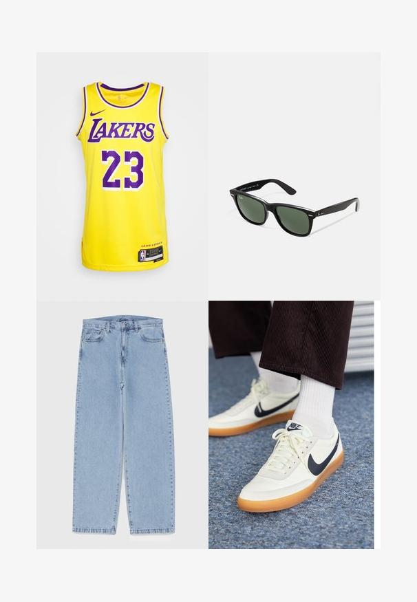 Sárga Nike mez lila kiegészítőkkel, "LAKERS" felirattal és vastag betűtípussal írt "23"-as számmal. Oldalsó szellőzőkkel és címkével az alján.; Világoskék farmernadrág egyenes szárú kivitelben, közepes derékkal, öt zsebbel, gombos és cipzáros záródással.; Fehér bőrből készült Nike sportcipő, tengerészkék pipa logóval, gumírozott talppal és fehér fűzővel, fehér sportzoknival és sötét kordbársony nadrággal párosítva.; Fekete műanyag napszemüveg zöld lencsékkel, négyzet alakú kerettel, ezüst díszítéssel a keret felső részén, valamint texturált szárakkal. A márka neve a belső száron található.