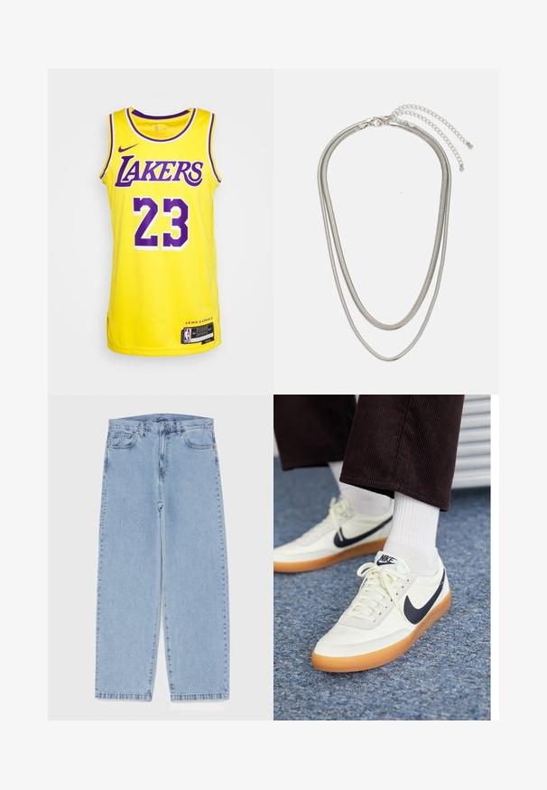 Žltý dres Nike s fialovými akcentmi, obsahujúci text "LAKERS" a číslo "23" v tučnom písme. Postranné odvetrávania a štítok na leme.; Svetlomodré denimové džínsy s rovnými nohavicami, s polovysokým pásom, piatimi vreckami a zapínaním na gombík a zips.; Nike tenisky z bielej kože s námorníckym swooshom, s gumovou podrážkou a bielymi šnúrkami, skombinované s bielymi ponožkami a tmavými kordovým nohavicami.; Trojvrstvový náhrdelník zo strieborného kovu s elegantnými, flexibilnými reťazami s jemným leskom, zabezpečený sponou typu langusta a nastaviteľným reťazcom.