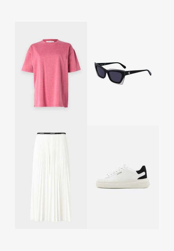 Kortærmet, oversized t-shirt i falmet pink bomuld, med rund hals, afslappet pasform og subtile syninger langs kanten.; Plisseret hvid nederdel med en sort elastisk talje, der har "LACOSTE"-logoet. Mellemlang design med blød tekstur.; Hvide lædersneakers med en tyk hvid sål, sort ruskindhælvægt og prægede logoer på siden. Snørebåndsdesign med seks øjer.; Store sorte oversized solbriller med geometrisk form, med mørke linser og en kontrasterende grå detalje på stellet. Logo på armen.