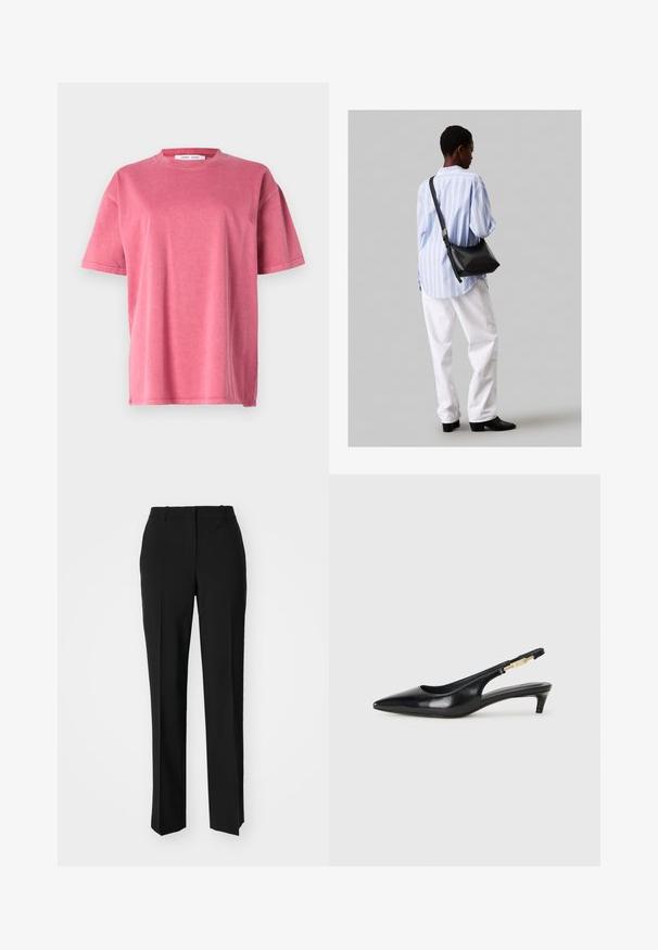 Krašu rozā kokvilnas īsās piedurknes, pārmērīgi liela t-kreklu ar apaļu kakla izgriezumu, brīvu siluetu un neuzkrītošām šuvju detaļām ap apakšmalu.; Melnas pielāgotas bikses ar taisnu kāju dizainu, kas raksturojas ar gludu faktūru un asiem krokām pa priekšu. Nav redzamu metāla detaļu.; Melnas ādas slingback zābaki ar smailu purngalu, ar šauru papēdi un zelta krāsas akcentu uz regulējama siksniņas. Gluda tekstūra.; Melna ādas plecu soma ar mīkstu tekstūru, trīsstūra formu un regulējamu siksnu, apvienota ar gaiši zilu svītrotu krekli un baltām biksēm.