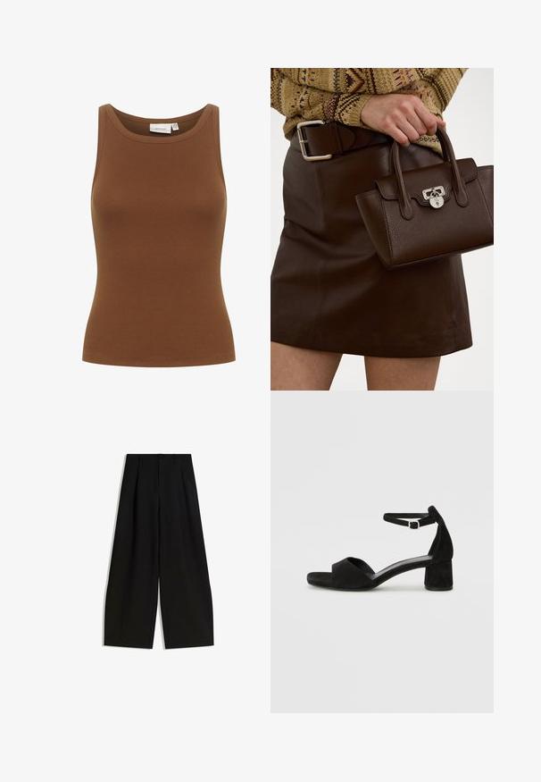 Rjav rebrast bombažni top s krožno izrezom in prilegajočim se dizajnom, ki se ponaša s gladko teksturo in brezrokavnim krojem.; Črne široke hlače iz gladkega materiala, z visokim pasom, gubami spredaj in brez vidnih okraskov ali vzorcev.; Črne zamshe sandale na peto z tankim trakom okoli gležnja, odprto konico in zmerno blok peto. Gladka tekstura in minimalni detajli.; Brahno usnjeni torbici z teksturirano površino in srebrnim okovjem, ki jo drži roka ob rjavem usnjenem krilu in vzorčastem puloverju.