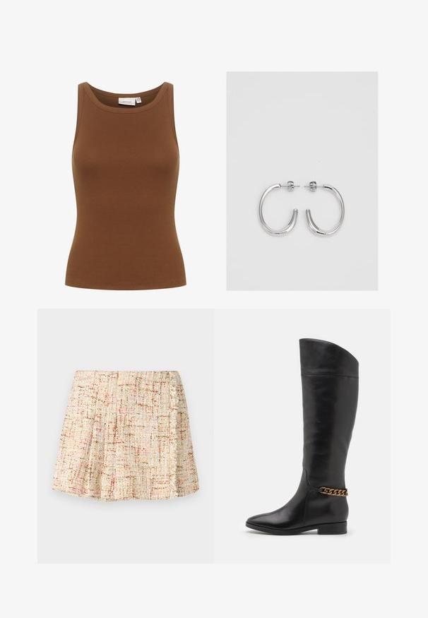 Top sin mangas de algodón acanalado en color marrón, con un escote redondo y un diseño ajustado, que presenta una textura suave.; Falda corta con pliegues hecha de un tejido texturizado en tonos neutros con sutiles manchas de color. Presenta un borde con flecos a lo largo del costado.; Botas altas de cuero negro con un diseño elegante, punta afilada y un acento de cadena dorada en el tobillo. Tacón bajo tipo bloque. Textura suave.; Pendientes de aro plateados con una superficie lisa y brillante, caracterizados por una forma curva y cierre de poste. Diseño minimalista con un acabado moderno.