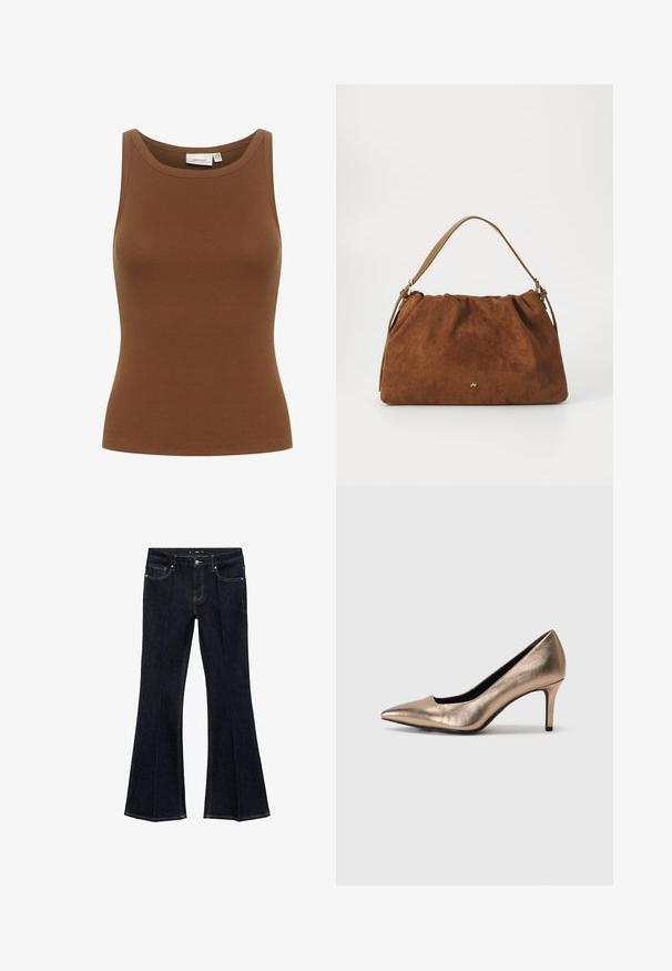 Bruine geribde katoenen tanktop met een ronde halslijn en een aansluitend ontwerp, met een gladde textuur en zonder mouwen.; Donkerblauwe denim jeans met hoge taille, voorzakken en wijd uitlopende pijpen, plat weergegeven op een witte achtergrond.; Bronzen metalen hoge hakpump met een spitse neus en een gladde textuur, voorzien van een slanke silhouet en een slanke hak.; Bruine suède handtas met een geplooid ontwerp, voorzien van een enkele tan kleur leren schouderband en een subtiele gouden logo-detail aan de voorkant.