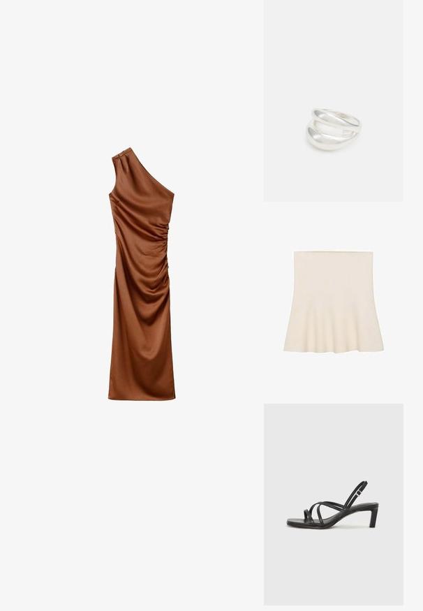 Gonna a ruota svasata in crema, realizzata in morbido tessuto. Presenta una texture liscia e un design arricciato all'orlo, creando un movimento sottile.; Abito in satin marrone a spalla unica con texture drappeggiata e arricciature su un lato, che creano una silhouette aderente. Design a lunghezza completa.; Sandalo nero con cinturini, dalla punta squadrata e tacco basso a blocco. Presenta diversi cinturini sottili e una cinturini regolabile alla caviglia. Realizzato in pelle liscia.; Borsa a tracolla nera in pelle con una texture liscia, forma rettangolare e dettaglio in catena metallica sul davanti. Inclusa una tracolla regolabile.; Anello doppio in argento con superficie liscia e lucida. Presenta un design fluido e curvo con sezioni sovrapposte per un aspetto moderno.