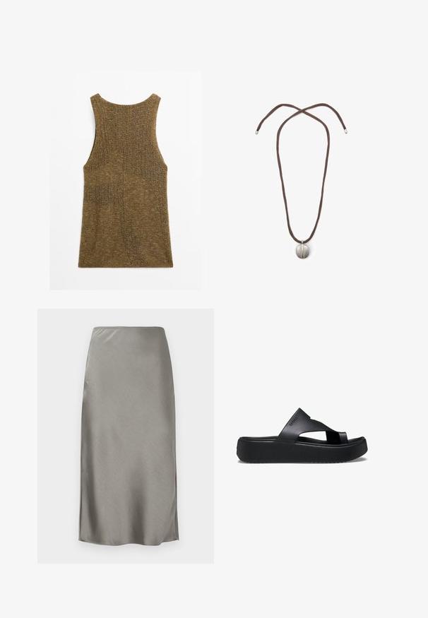 Mouwloze, bruine gebreide tanktop met een gestructureerd patroon, ronde halslijn en een losse pasvorm. Uniforme dikte in het hele shirt.; Grijze satijnen midi-rook met een elegante, gladde textuur. Licht uitgesneden zijkanten verbeteren de beweging. Minimalistisch ontwerp, aansluitende taille en rechte silhouet.; Zwarte platform flip-flops met een getextureerde rubberen zool, voorzien van een kruisbandontwerp en een matte afwerking. Merklocatie subtiel aan de zijkant.; Halsketting met een bruine koord en een zilveren ovale hanger. De hanger heeft een glad oppervlak en een lichte indeuking in het midden.