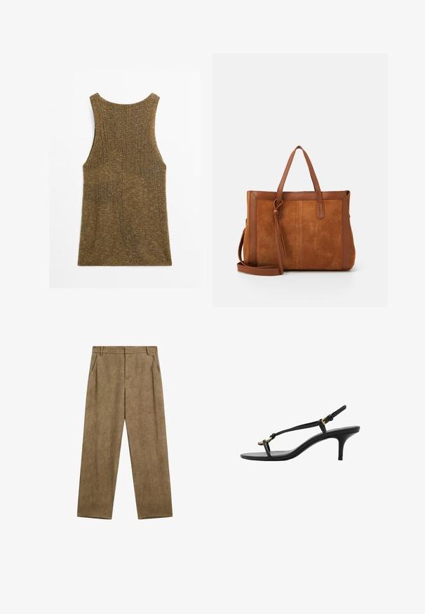 Mouwloze, bruine gebreide tanktop met een gestructureerd patroon, ronde halslijn en een losse pasvorm. Uniforme dikte in het hele shirt.; Bruine linnen broek met een ontspannen pasvorm, voorzien van twee zijzakken en een gladde textuur, ontworpen met een hoge taille en wijde pijpen.; Zwarte leren kitten heel sandaal met dunne banden, gouden gesp en minimalistische teenlus op een witte achtergrond.; Bruine suède tote bag met leren accenten, met twee handvatten, een afneembare schouderband en een eenvoudig, gestructureerd ontwerp.