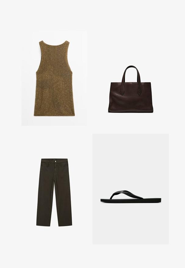 Sleeveless, brown knitted tank top featuring a textured pattern, rounded neckline, and a loose fit. Uniform thickness throughout.; Dark green wide-leg jeans made of cotton blend, featuring a front button closure, five pockets, and classic denim stitching.; Black rubber flip-flop sandal with a textured thong strap and simple flat sole, shown from side on a plain light background.; Brown leather tote bag with two elongated handles, structured rectangular shape, smooth texture, and subtle stitching details.