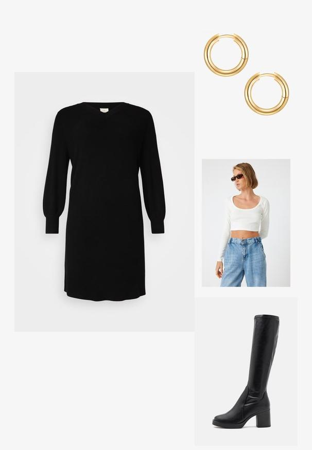 Weißes, geripptes, langärmeliges Crop-Top mit weitem Rundhalsausschnitt, kombiniert mit hochgeschnittenen, hellblauen Denim-Jeans.; Schwarzes Strickkleid mit V-Ausschnitt, langen Ballonärmeln und gerippten Bündchen. Einfaches Design mit geradem Schnitt und knielangem Saum.; Schwarze knielange Stiefel aus glattem Leder mit einem breiten Absatz und einer abgerundeten Spitze. Mit nahtlosem Design und subtilen Nähakzenten.; Goldene Creolenohrringe mit einem doppellagigen Design. Glatte, glänzende Oberfläche mit einem nahtlosen Verschlussmechanismus. Runde Form mit modernem Aussehen.