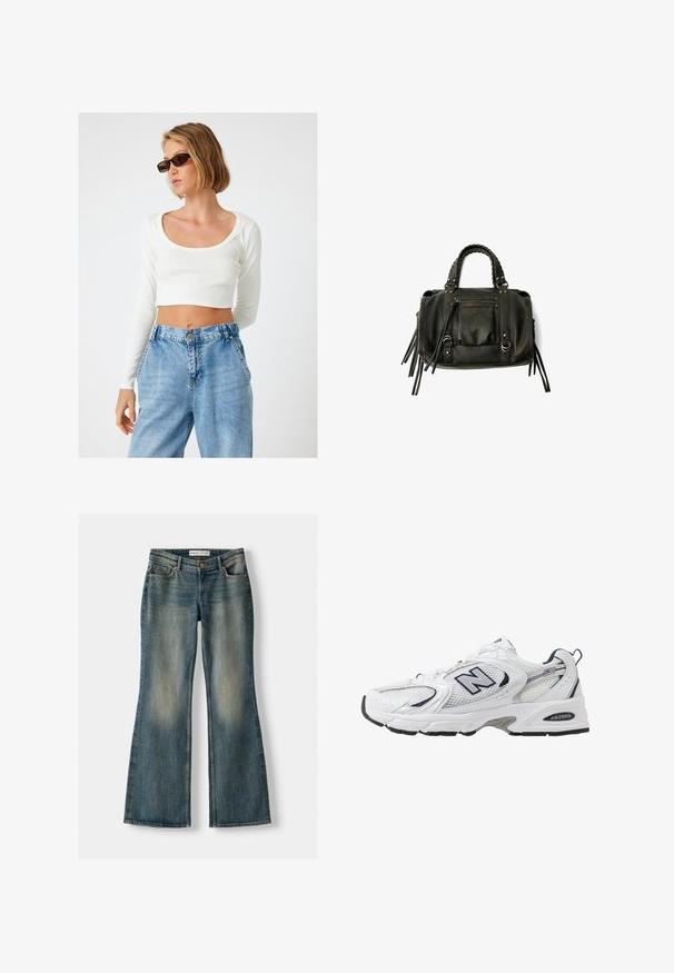 Weißes, geripptes, langärmeliges Crop-Top mit weitem Rundhalsausschnitt, kombiniert mit hochgeschnittenen, hellblauen Denim-Jeans.; Hemden aus leichtem Stoff mit blauen und weißen vertikalen Streifen, strukturierter Kragen und gerafftem Detail in der Mitte vorne.; Blaue Schlagjeans mit einem ausgewaschenen Look, fünf Taschen und einem Knopfverschluss. Das Material zeigt eine Denim-Textur mit dezenten Stickdetails.; Weißer Sportschuh mit Mesh-Obermaterial, navyblauen Akzenten und gepolsterter Sohle. Verfügt über das "N"-Logo, Schnürsenkel und eine strukturierte Detailverarbeitung an der Seite.; Schwarze Lederhandtasche mit geflochtenen Griffen, Reißverschlussfach und hängenden Quasten. Strukturiert Oberfläche mit Metallnieten und Hardware-Akzenten.