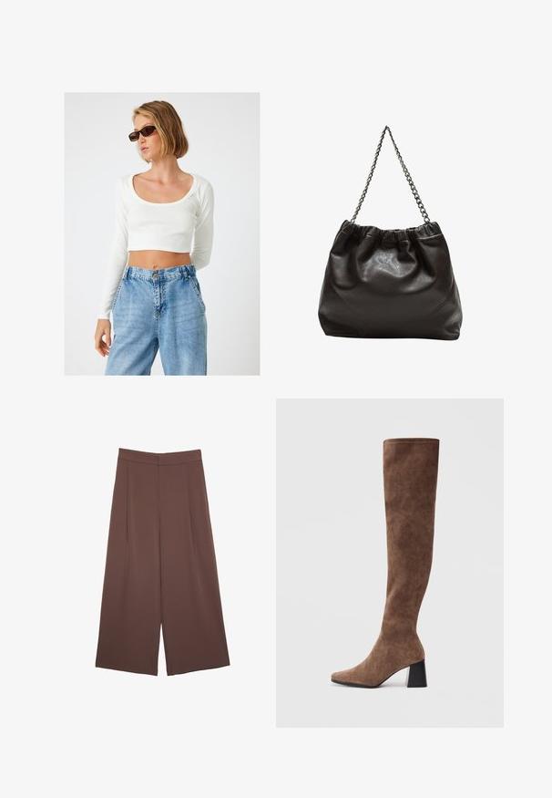 Hvid, riflet, langærmet crop top med bred bådudskæring, parret med højden jeans i lys blå denim.; Brune bredbunde bukser med en glat tekstur, der har høj talje og plisseringer foran. Stoffet er let og falder løst.; Brune støvler over knæet lavet af blødt ruskind med spids tå og en kraftig sort hæl. Designet har sømløs syning for et elegant udseende.; Brun lædertaske med en rynket top og en kædestrop. Glat tekstur med en blank finish og subtile sømdetaljer på siderne.