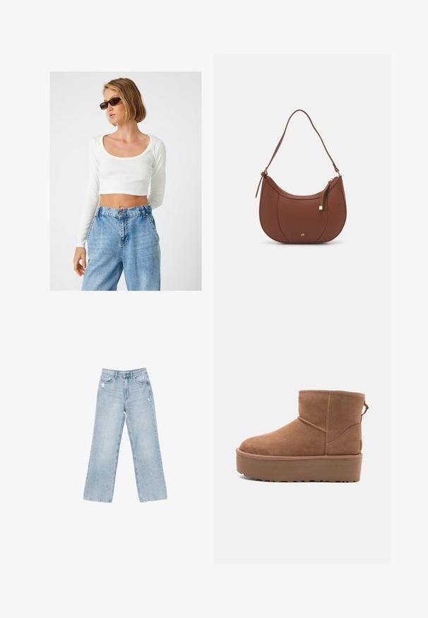 Hvid, riflet, langærmet crop top med bred bådudskæring, parret med højden jeans i lys blå denim.; Lyseblå denimjeans med bred benåbning, slidte detaljer, fem-lomme design og lynlåslukning.; Tan ruskinds ankelstøvle med platformssål, rund tå og syninger; har en løkke bagpå for nem påtagning.; Brun faux læder skuldertaske med buet form, minimal syning og en guldtonet hardwaredetalje. Har en top lynlåslukning og justerbar rem.