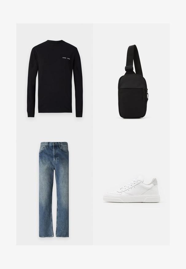 Čierne tričko s dlhým rukávom vyrobené z bavlny, s okrúhlym výstrihom a dvoma bielymi potlačami loga "SAMSØE" na ľavej hrudi.; Modré denimové rifle so strihom rovného nohavice, s vyblednutým umývaním, pútkami na opasok, prednými vreckami a jedným zadným vreckom.; Biele kožené tenisky s hladkým povrchom, zaoblenou špičkou, plochými šnúrkami a textúrovanou podrážkou. Sivý semišový akcent na päte.; Čierna crossbody taška vyrobená z odolnej tkaniny, s jedným nastaviteľným popruhom, so zipsom na hlavnej priehradke a prednou kapsou.