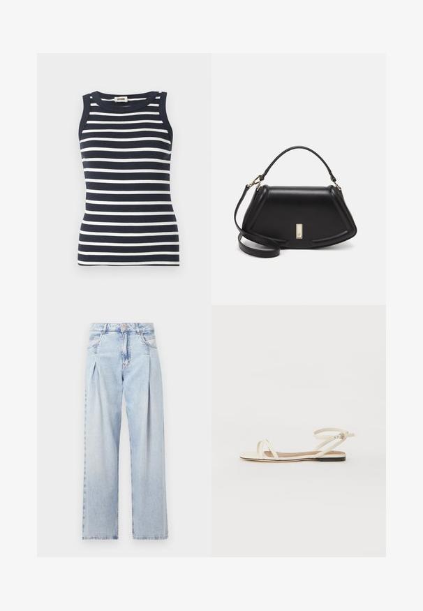 Navy og hvite striper tanktopp laget av ribbestrikket stoff, med rund hals og uten ermer.; Lyseblå denimjeans med høy livlinje, vide ben, to sidelommer og plisserte detaljer. Myk tekstur med en falmet finish.; Flate sandaler i kremfarget skinn med tynne kryssremmer, ankelsremsbånd med spenne, minimalistisk design og en kontrasterende svart såle.; Sort lærveske med en strukturert design, som har en avkortet form, topphåndtak og detaljer i gull. Justerbar skulderstropp inkludert.