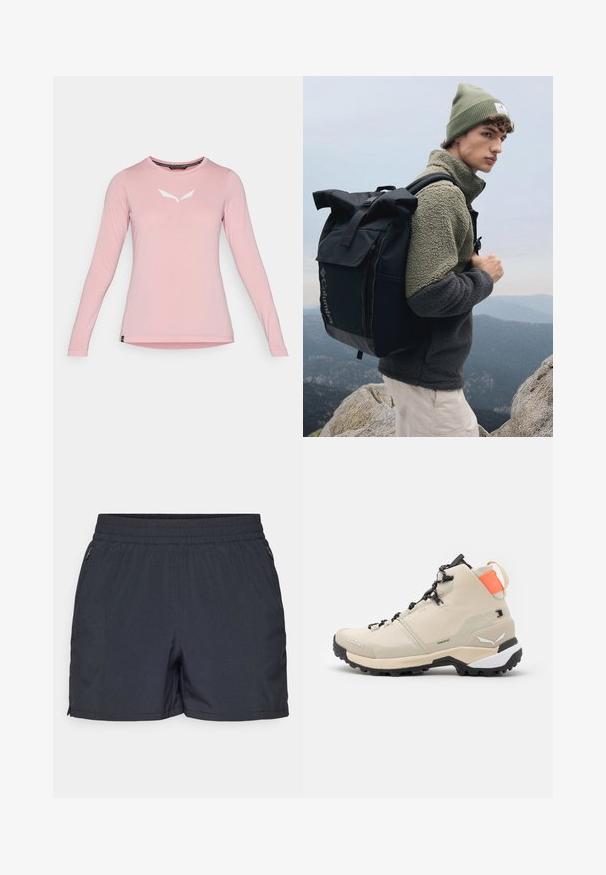 Roza majica z dolgimi rokavi in okroglo izreza s belim minimalističnim logotipom v središču prsnega dela, prikazana na običajni beli podlagi.; Temno sivi šortsi iz lahkega materiala, z elastičnim pasom, stranskimi žepi z zippers in ravnim krojem.; Salewa PUEZ MID PTX - Pohodniški čevlji - oatmeal; Črn nahrbtnik s zavihkom in nastavljivimi naramnicami, sivo flis jakno in olivno zeleni zimski klobuk; na prostem z skalnatim terenom in gorami v ozadju.