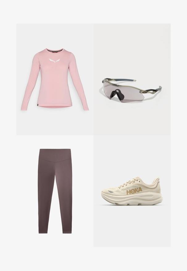 Roza majica z dolgimi rokavi in okroglo izreza s belim minimalističnim logotipom v središču prsnega dela, prikazana na običajni beli podlagi.; Rjava legginga z gladko in raztegljivo teksturo ter visokim pasom. Imajo prilegajoč obliko, ki sega do gležnjev. Brez vidnih vzorcev.; Svetlo bež tekaški čevelj z mrežastim zgornjim delom, oblazinjeno ovratnikom, istrig prihajajoče "HOKA" v zlati barvi ter debelim, oblazinjeno podplatom za udobje.; Sončna očala s prosojnim sivim okvirjem, toniranimi lečami in kotno obliko. Imajo značilno nosno oporo in teksturirane temne sive ročke.