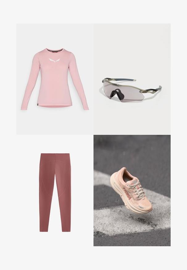 Pink long-sleeve crewneck shirt with white minimalist logo centered on the chest, displayed on a plain white background.; High-waisted leggings in a muted rose color. Smooth, stretch fabric with seam detailing and a fitted silhouette. No pockets.; Light pink running shoe with a mesh upper, padded collar, and a thick, cream-colored sole. Branding is visible on the side.; Sunglasses with a translucent gray frame, tinted lenses, and angular design. Features a distinctive nose piece and textured dark gray temple arms.