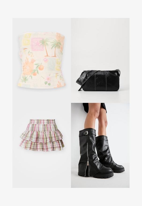 Hollister Co. BARE FOLDOVER REVERSIBILE TUBE - Top - double cream; Plisovaná sukňa s elastickým pásom, ktorá má károvaný vzor v ružových, zelených a hnedých odtieňoch. Ľahký bavlnený materiál.; Čierne kožené vysoké čižmy po kolená s širokým nohavičkou, so bočným zipsom a detailom s prackou, štruktúrovaným povrchom a robustnou gumovou podrážkou.; Čierna kožená kabelka cez plece so zipsovým uzáverom, so štruktúrovaným telom, bielym prešívaním a popruhom so striebornými očkami.