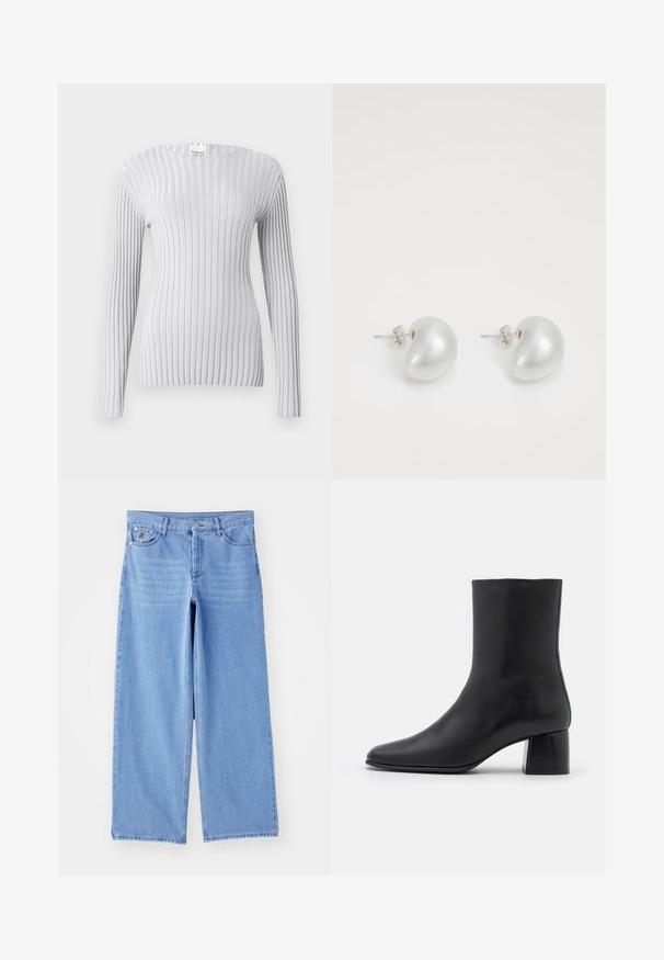 Gaišpelēkā garām piedurknēm topiņš ar vertikālo ribu tekstūru, apaļu dekoltē un pieguļošu siluetu. Cenšnieks redzams pie kakla.; Gaiši zili platā kāja džinsi, izgatavoti no denima, ar klasisku piecu kabatu dizainu un pogu aizdari. Gluda tekstūra, sakrāmēta apakšmala.; Melnas ādas potīšu zābaki ar norādītu pirkstu un masīvu kvadrātveida papēdi. Gluda tekstūra ar bezšuvju dizainu un minimālistisku šuvēm.; Sudraba pērļu auskari ar izliekta, pupiņas formas dizainu. Gluda, spīdīga virsma un nostiprināti ar tapu un aizmugures aizdari.