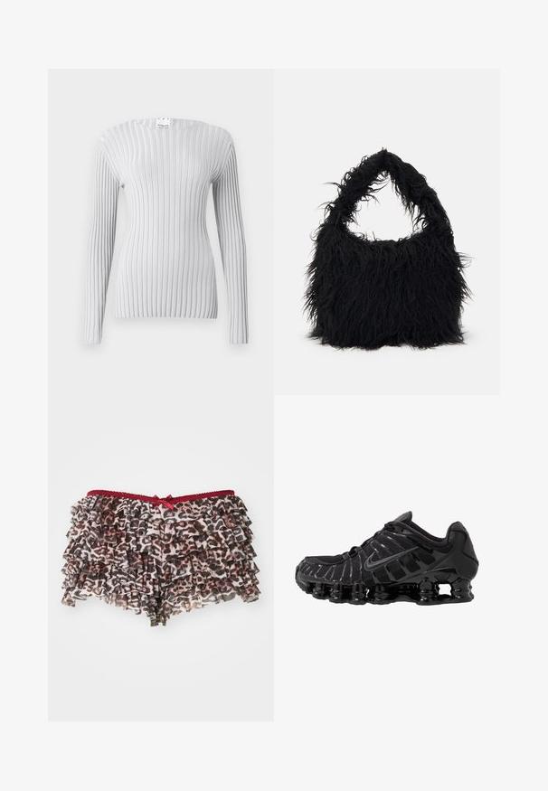 Light gray long-sleeve top with vertical ribbed texture, round neckline, and fitted silhouette. Tag visible at the neck.; Floral leopard-print shorts with layered ruffles, featuring a red lace waistband and a small bow accent in front.; Black athletic shoe with mesh upper and glossy overlays. Features curved coil cushioning and textured lines on the side. Nike logo visible.; Even&Odd Tote bag - black