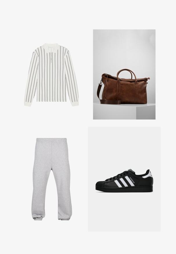 Valge pika varrukaga särk, millel on tumesinised vertikaalsed triibud, kraega kaelus ja eesneede tõmblukk. Valmistatud kergest kangast, millel on sile tekstuur.; Hallide hallid puuvillasegusest kangast dressipüksid, millel on elastne vöökoht, kitsenevad jalad ja mansetid. Lihtne disain, ilma mustriteta.; Mustad musta värvi Adidas Superstar toss, millel on valged triibud, koonuseline varvas ja küljes "Superstar" tekst, esitatud külgvaates valgel taustal.; Pruunist nahast nädalavahetuse kott, millel on lukuga sulgur, topeltkäepidemed, reguleeritav õlavarre rihm ja nähtavad tekstuurimustrid pinnal.