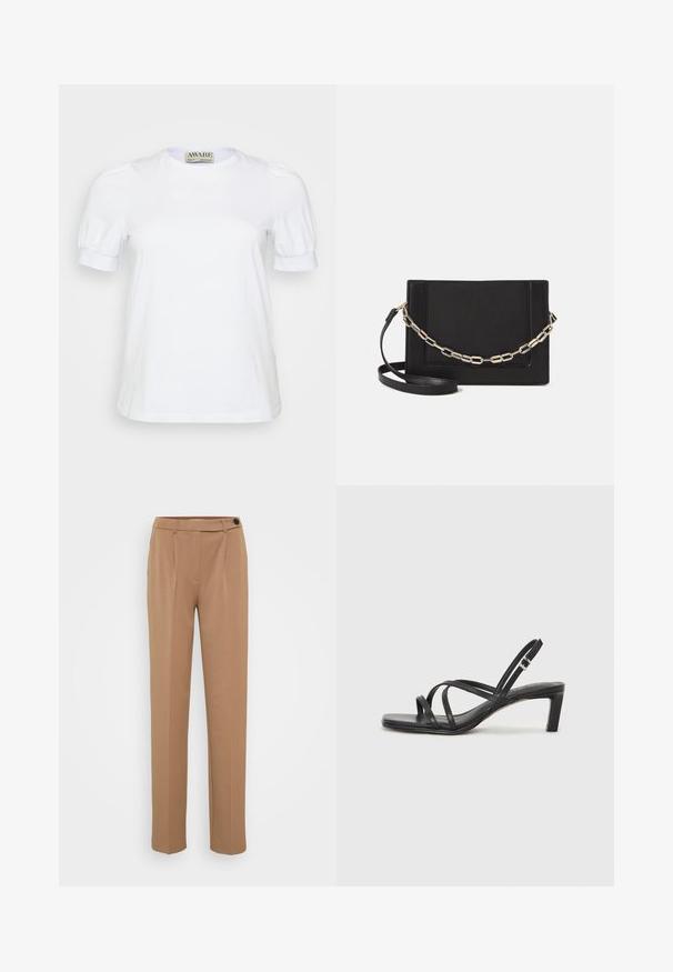 White short-sleeve t-shirt made from cotton, featuring a round neckline and puffed sleeves with elastic cuffs. Simple and classic design.; Brown tailored trousers with a straight leg, featuring a single button closure and pleated front design. Smooth texture, minimalist style.; Black strappy sandal with a square toe and a low block heel. Features multiple thin straps and an adjustable ankle strap. Made of smooth leather.; Black leather crossbody bag featuring a smooth texture, rectangular shape, and a metallic chain detail on the front. Adjustable strap included.; Silver double-band ring with a smooth, polished surface. Features a fluid, curved design with overlapping sections for a modern look.