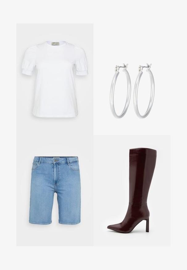 Hvid kortærmet t-shirt lavet af bomuld, med rund halsudskæring og pufærmer med elastiske manchetter. Simpelt og klassisk design.; Lys blå denim shorts med klassisk pasform, der har en frontknaplukning, bæltestropper og to sidelommer. Glat tekstur og lige kant.; Even&Odd Høje støvler/ Støvler - dark red; Sølv hoop øreringe med en glat, poleret overflade. Rund form og sikker klik-lukning. Letvægtsdesign, der er velegnet til hverdagsbrug.