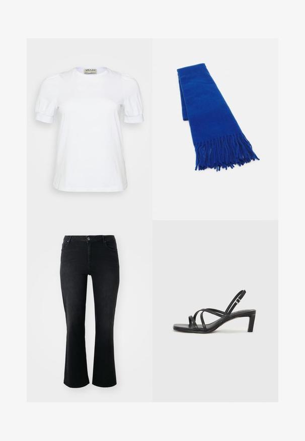 Weißes T-Shirt mit kurzen Ärmeln aus Baumwolle, mit rundem Ausschnitt und puffigen Ärmeln mit elastischen Bündchen. Einfaches und klassisches Design.; Schwarze Denim-Jeans mit mittelhohem Bund, vorderem Knopf, zwei Vorder- und zwei Hintertaschen sowie weiter Schnitt.; Schwarze Sandale mit Riemchen, quadratischer Zehenform und niedrigem Blockabsatz. Verfügt über mehrere dünne Riemen und einen verstellbaren Knöchelriemen. Hergestellt aus glattem Leder.; Blauer gewebter Schal mit fransigen Enden, glatter Textur, rechteckiger Form und einheitlicher Farbe. Geeignet für kaltes Wetter.; Silberner Doppelring mit einer glatten, polierten Oberfläche. Verfügt über ein fließendes, kurviges Design mit überlappenden Abschnitten für einen modernen Look.