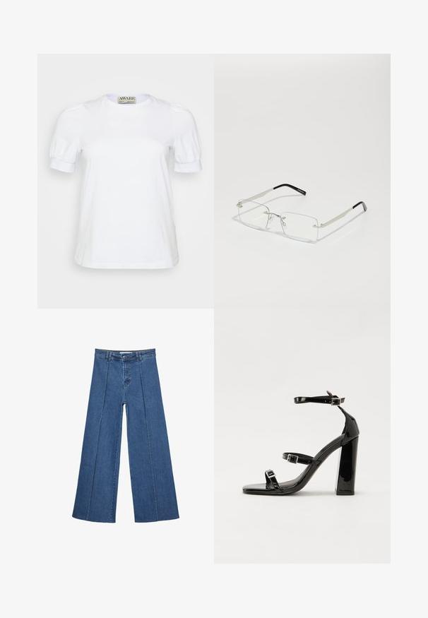 Valkoinen lyhythihainen t-paita, joka on valmistettu puuvillasta. Siinä on pyöreä kaula-aukko ja puffihihat sekä elastiset hihansuut. Yksinkertainen ja klassinen muotoilu.; Korkeat vyötäröiset, keskisiniset, leveiden lahkeiden denim-farkut, joissa on nappikiinnitys ja kontrastiväriset pystysaumadetaileja edessä.; Musta kiiltävä korkokenkä sandaalit neliönmuotoisella varpaalla, nilkkaremmillä ja hopeisilla soljilla. Varustettu tukevalla lohkokorkealla vakauden takaamiseksi.; Suorakulmaiset, kirkaslinssiset lasit, joissa on ohut hopeanvärinen metallikehys ja mustat asetaattisovitukset. Ominaisuuksina minimaaliset osat, jotka luovat sulavalinjaisen muotoilun.; Musta nahkainen käsilaukku, joka on kaareva muotoilultaan, irrotettavalla hihnalla ja kultaisilla yksityiskohdilla. Laukussa on läppä, jossa on solk yksityiskohta.