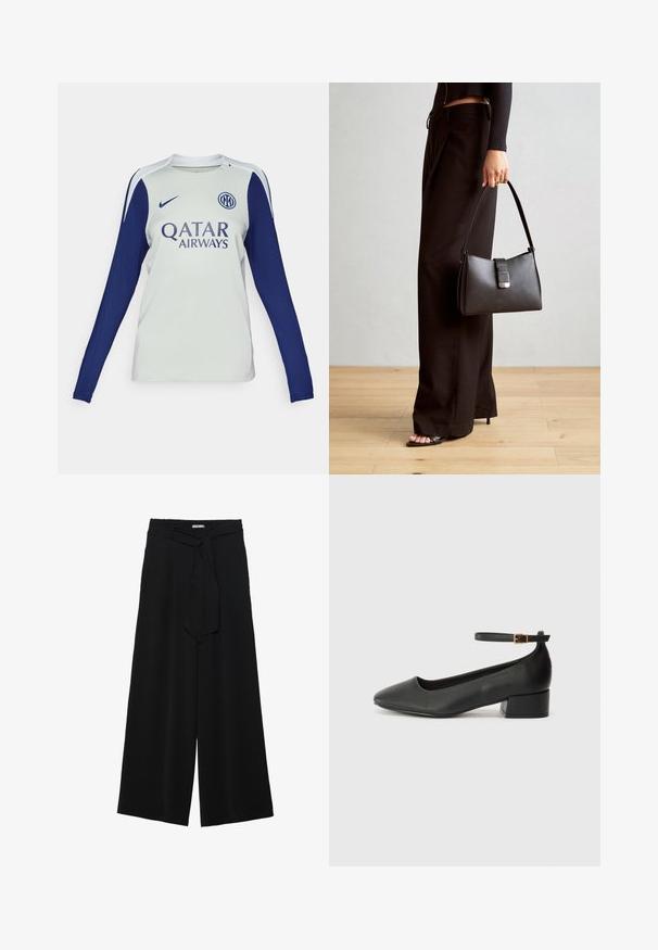 Maillot de football à manches longues en gris clair avec des manches bleu marine. Il possède un col rond, un logo Nike et un marquage Qatar Airways sur le devant.; Pantalons larges noirs en tissu texturé, avec une taille élastique et une ceinture à nouer amovible à la taille pour un ajustement variable.; Escarpin en cuir noir avec un bout pointu et un petit talon bloc. Doté d'une bride de cheville avec une boucle dorée. Texture lisse.; Sac à main noir à la forme structurée, texture lisse et fermoir métallique. Associé à un pantalon noir ample et des sandales ouvertes sur un sol en bois.