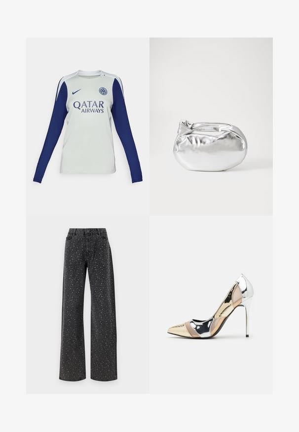 Maillot de football à manches longues en gris clair avec des manches bleu marine. Il possède un col rond, un logo Nike et un marquage Qatar Airways sur le devant.; Noisy May NMJANNEL LOOSE - Jean boyfriend - black denim; Chaussure à talon aiguille à bout pointu avec un schema de couleurs argent, or et nude. Fini brillant avec un design découpé, dotée d'un talon stiletto.; Pochette en métal argenté avec une forme douce et arrondie et un fermoir en haut noué. Fabriquée en simili cuir lisse.; Boucles d'oreilles en argent au design minimaliste. Forme circulaire, texture lisse et profil fin. Légères avec une finition polie.