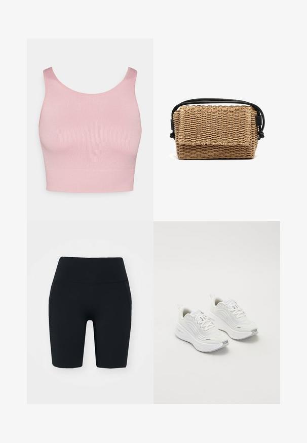 Ružičasti rebrasti kratki top s okruglim izrezom i širokim naramenicama, koji ima glatku teksturu i uski kroj.; Crne biciklističke kratke hlače visokog struka napravljene od rastezljivog materijala s glatkom teksturom, s bočnim dzepovima i prilagođenim dizajnom.; Bijele sportske tenisice s teksturiranim mrežastim gornjim dijelom, podstavljenom potplatom i suptilnim sivim naglascima. Uključuju brendiranje i petlju na peti za lakše obuvanje.; Tkana torba od slame s teksturiranom prirodnom završnom obradom, crnim kožnim detaljima, zatvaranjem na zip, te prednjim poklopcem u pravokutnom obliku.