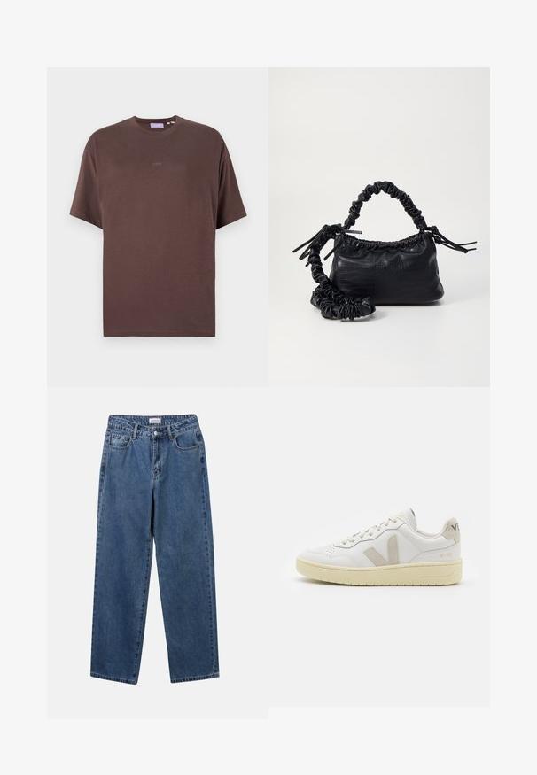 Hnědý bavlněný tričko s volným střihem, kulatým výstřihem a krátkými rukávy. Na přední straně má decentní logo značky.; Klasické modré džíny z denimu se střihy rovné nohy, pěti kapsami a zapínáním na knoflík. Mají střední odstín a odolnou texturu.; Bílé kožené tenisky s béžovými semišovými akcenty, perforovanou špičkou, plochými tkaničkami a strukturovanou krémovou podešví. Obsahují jemné logo na patě.; Černá kabelka z umělé kůže s krokodýlím vzorem, staženým vrškem a zmačkaným popruhem. Zdá se, že má měkký a kompaktní design.