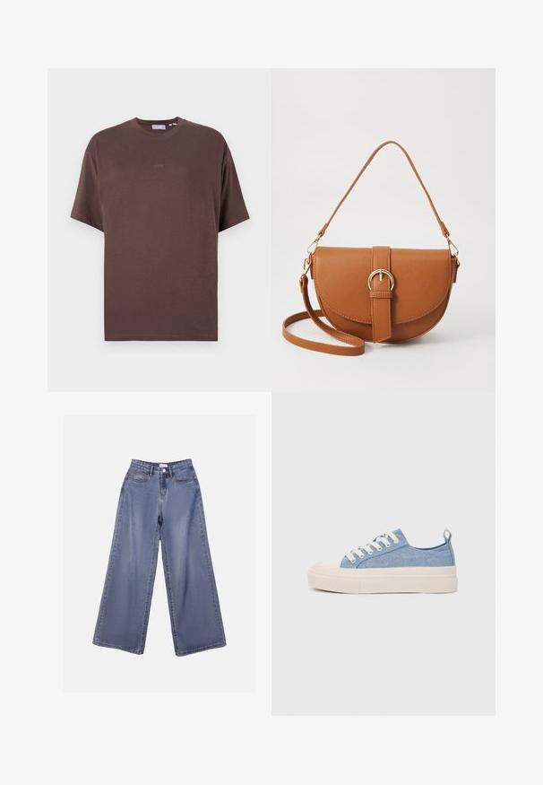 Tricou din bumbac maro, cu un croi lejer, guler rotund și mâneci scurte. Prezintă un logo subtil al brandului imprimat pe față.; Jeans din denim cu picioare largi într-o nuanță de albastru deschis, având talie înaltă, buzunare frontale și închidere cu nasture și bucle pentru curea.; Sneakers din pânză de culoare albastru deschis, cu vârf și talon din cauciuc crem, având șireturi albe și un maner pe călcâi.; Geantă din piele maro, tip crossbody, cu o formă curbată, accesorii aurii și un accent cu cataramă. Dispune de un curea de umăr detașabilă.