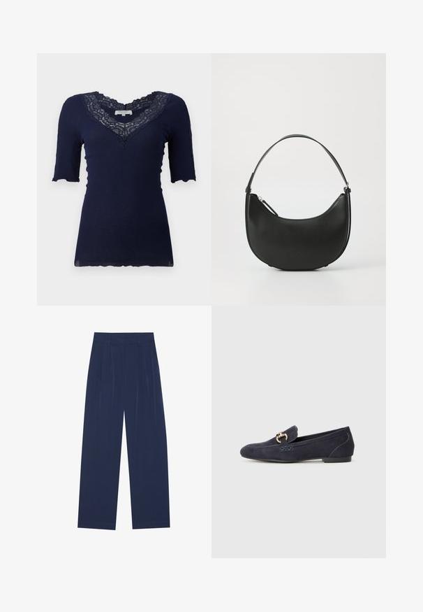 Námornícky modrý rebrovaný top s krátkymi rukávmi a volánkovým lemom. Má výstrih do V s čipkovaným lemovaním a čipkované detaily na rukávoch.; Námornícky modré nohavice s širokými nohavicami vyrobené z mäkkej tkaniny, s prednými skladmi, hladkou štruktúrou a rovnými siluetami bez viditeľných vreciek.; Navy modré semišové mokasíny s oblým špičkou, zdobené dekoratívnym kovovým reťazcom a s nízkym podpätkom s kontrastným prešitím.; Čierna kožená taška na rameno s zakriveným tvarom, úzkym držadlom a zipsovým uzáverom. Má hladkú textúru a jemný detail loga.