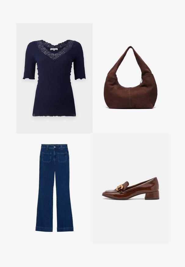 Top de canalé azul marino con mangas cortas y un dobladillo con forma de scalloped. Presenta un escote en V con encaje y detalles de encaje en las mangas.; Vaqueros de campana de mezclilla en azul oscuro con una textura suave, diseño de cinco bolsillos y cierre de botón en la cintura.; Mocasines de cuero marrón con un acabado brillante, que presentan una hebilla decorativa dorada en la parte frontal y un tacón bajo tipo bloque. Diseño clásico.; Bolso hobo de ante marrón con un asa curvada y ancha y una gran apertura. Textura suave con costuras visibles a lo largo de los bordes.