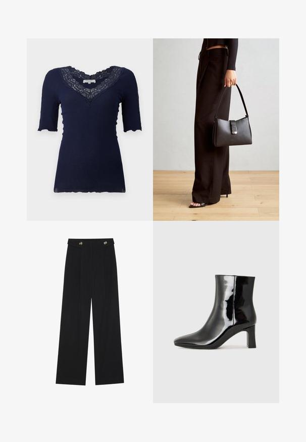 Tumedav sinine soonikkoes lühikeste varrukate ja sakilise äärisega. Omab pitsiga ääristatud V-kaelust ning pitsiaktsente varrukatel.; Mustad laiad püksid kõrge vöökoha ja nööpdetailidega vööandil, esikortsudega.; Must-sinine nahkjalats musta läikiva viimistlusega, millel on terav nina ja keskmise kõrgusega plokk konts. Sile tekstuur ja minimalistik disain.; Must musta kott, millel on struktureeritud kuju, sile tekstuur ja metallist klamber. Kombineeritud laiate mustade pükstega ja avatud varvaste sandaalidega puidust põrandal.