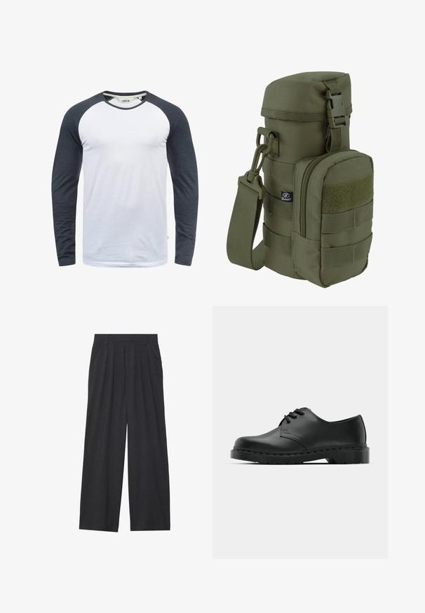 Langarm-T-Shirt mit einem weißen Körper und dunkelgrauen Raglanärmeln. Aus weichem Stoff mit einem runden Ausschnitt und dezenten Nahtdetails gefertigt.; Weit geschnittene Hosen aus dunkelgrauem Stoff. Merkmale sind Falten an der Taille, ein maßgeschneiderter Schnitt und eine gerade Silhouette.; Schwarze Leder-Oxford-Schuhe mit Schnürdesign, runder Zehenform, flacher Gummisohle und subtilen Nähten entlang des oberen Teils.; Olivgrüne zylindrische Tasche aus robustem Stoff, mit einem oberen Verschluss, seitlicher Reißverschlusstasche, Tragegriff und verstellbarem Schulterriemen.